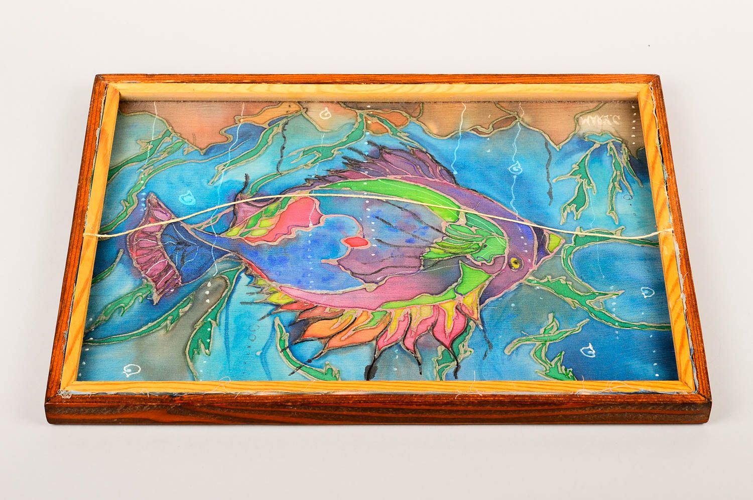 Картина из ткани ручной работы батик картина морская рыба дизайн стен яркий фото 5