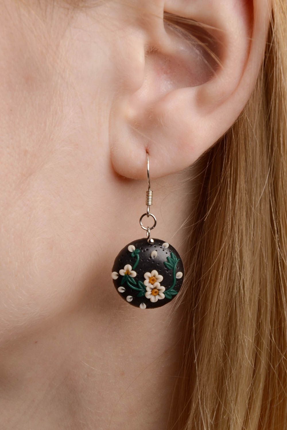 Handmade small round dangling earrings molded of polymer clay with flowers photo 2