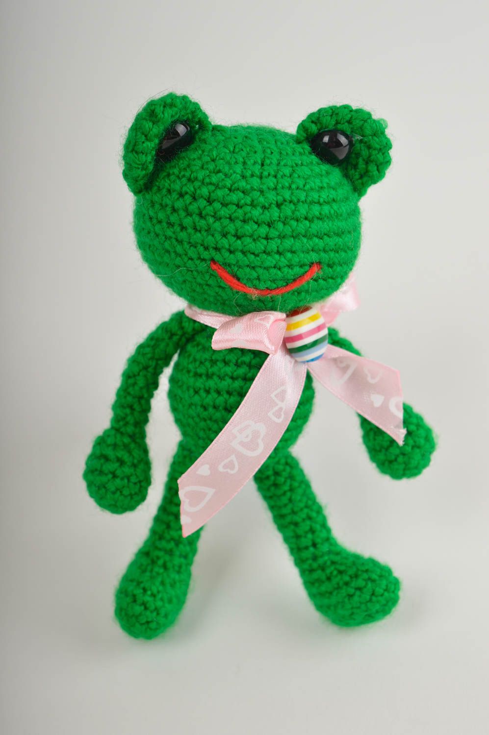 Jouet grenouille Peluche faite main avec noeud rose Cadeau pour enfant photo 2