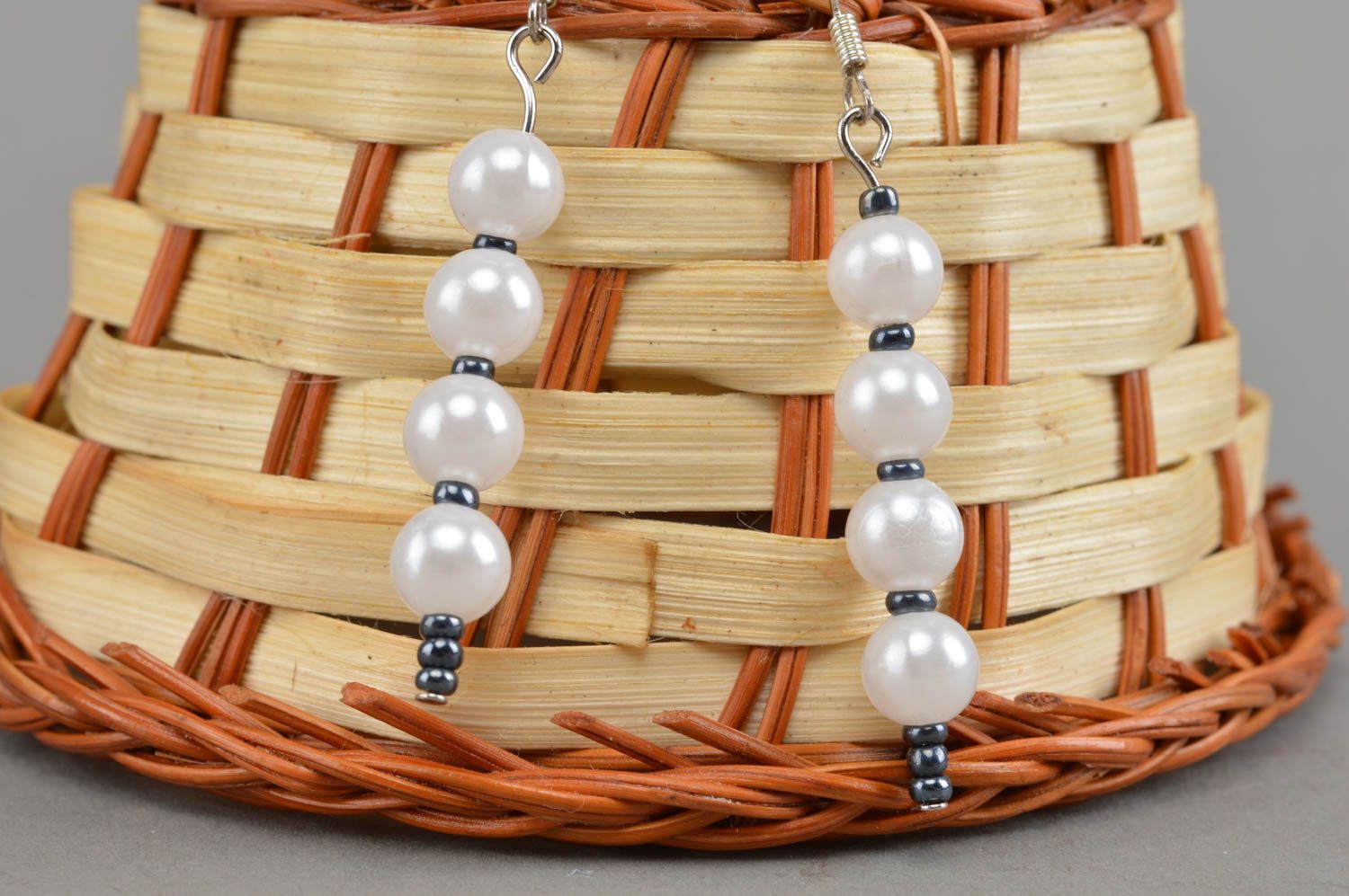 Handmade white earrings beaded woven jewelry stylish designer accessories photo 1