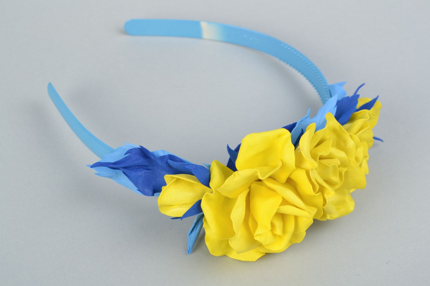 Handmade designer headband with plastic suede roses in yellow and blue colors photo 3