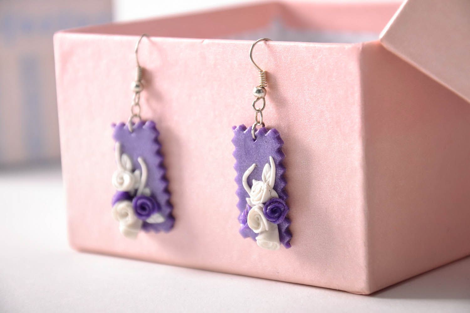 Purple earrings made of polymer clay photo 1