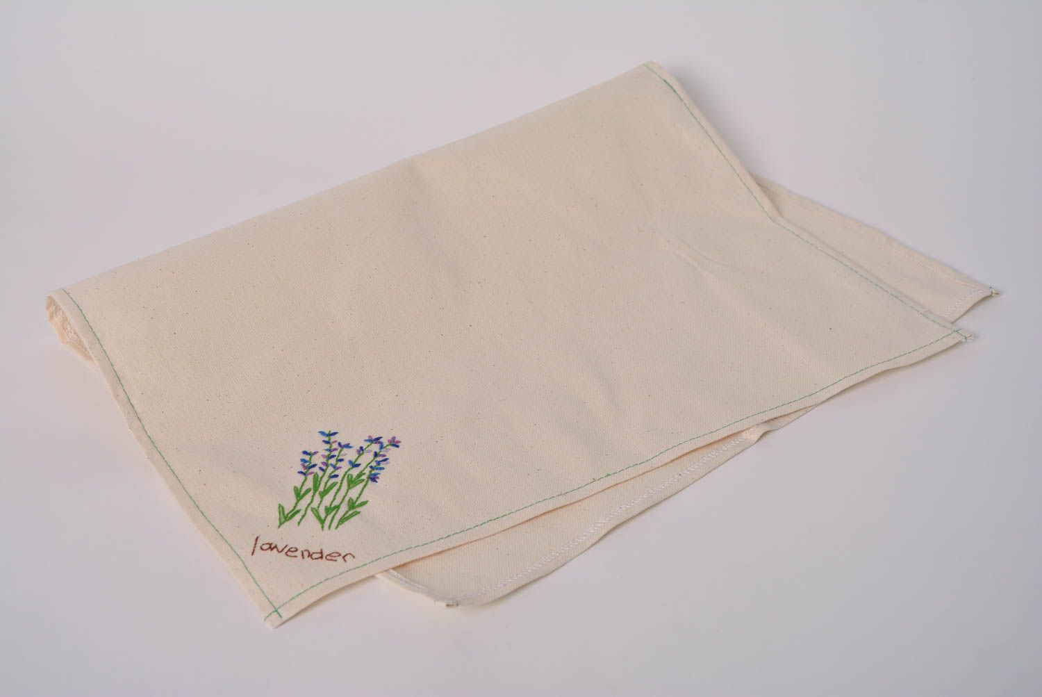 Küchen Handtuch aus Stoff von Hand bestickt mit Lavendel Muster handgemacht foto 1