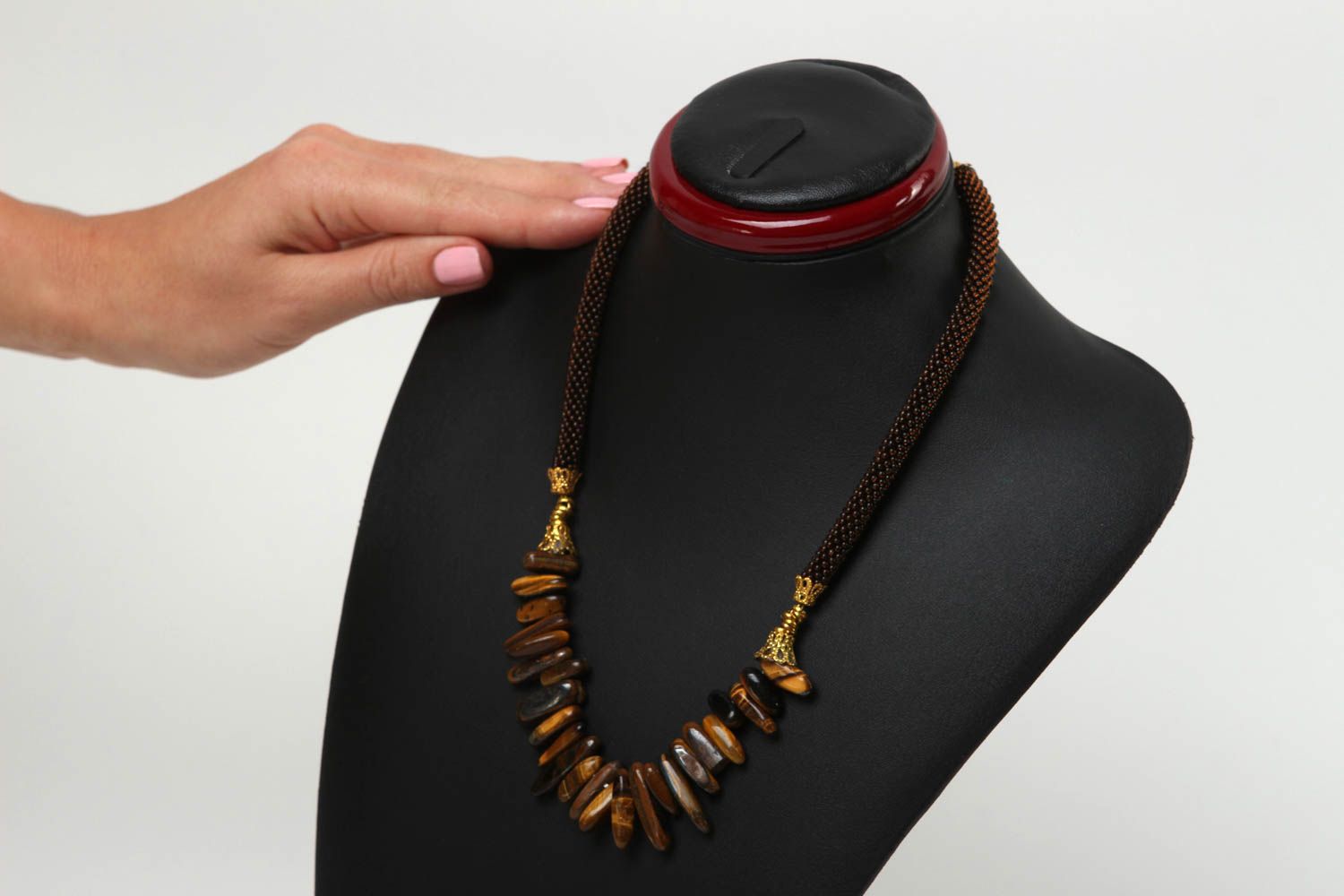 Handmade brown necklace stylish unusual necklace evening beaded jewelry photo 5