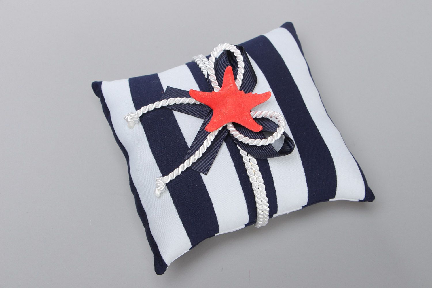 Handmade striped blue white ring pillow sewn of jersey fabric in marine style photo 2