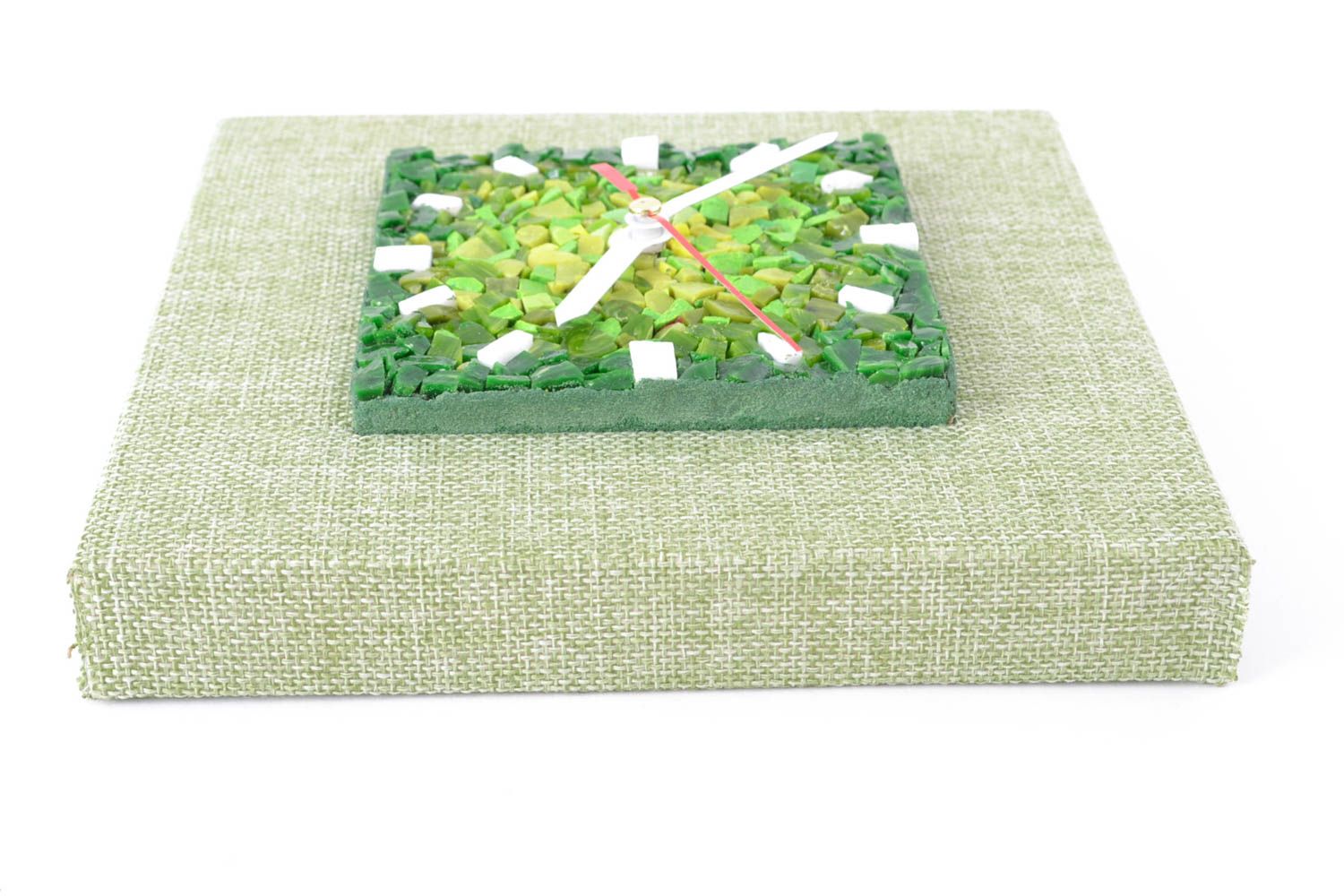 Pendule carrée décorée de tissu et mosaïque en smalt vert faite main Été photo 4