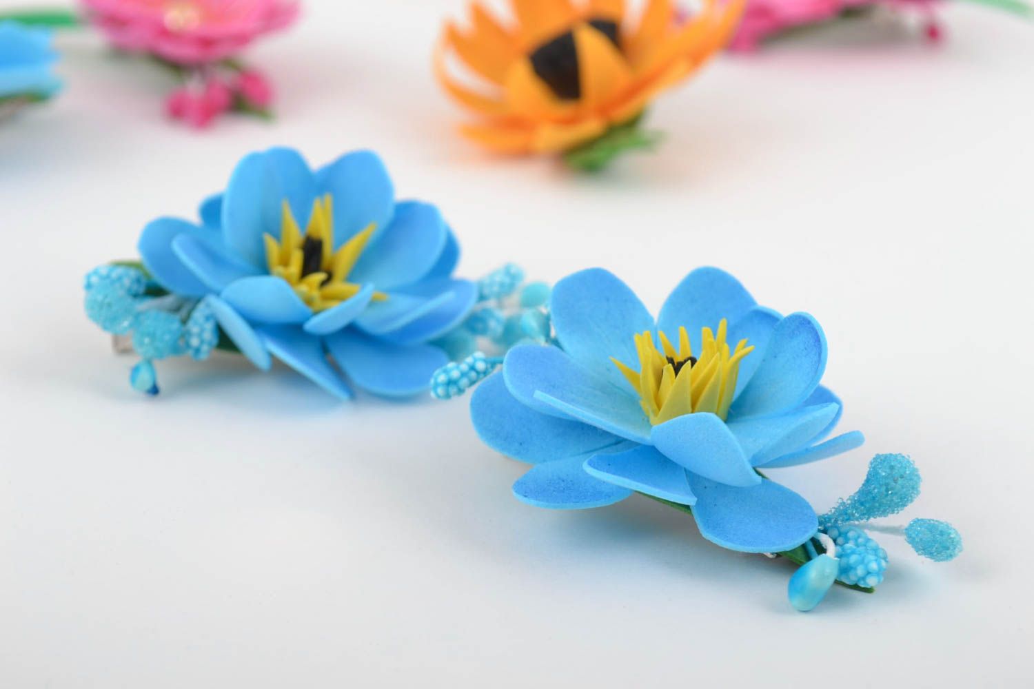 Set of handmade hair clips with flowers made of foamiran blue hairpins photo 1