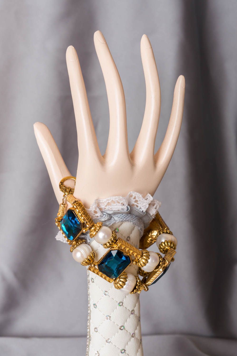 Bracelete enorme de cristal e pérolas feito à mão acessório elegante  foto 1