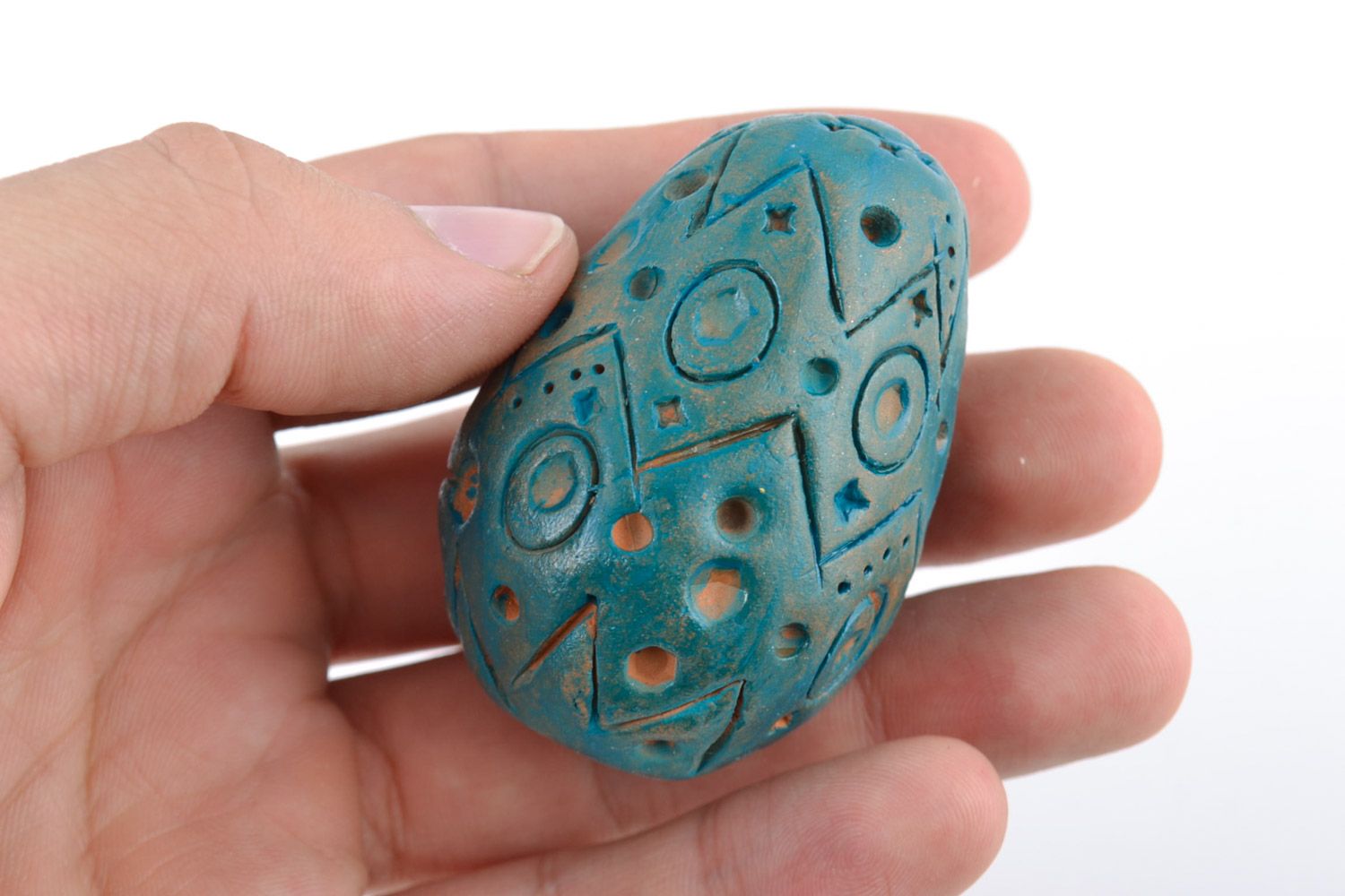 Handmade decorative ornamented egg molded of red clay painted with acrylics photo 2