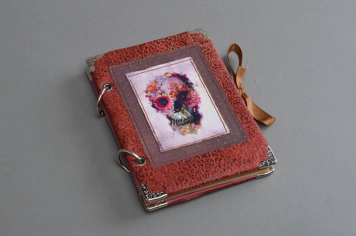 Unusual handmade designer notebook with leather cover made skull in flowers photo 2