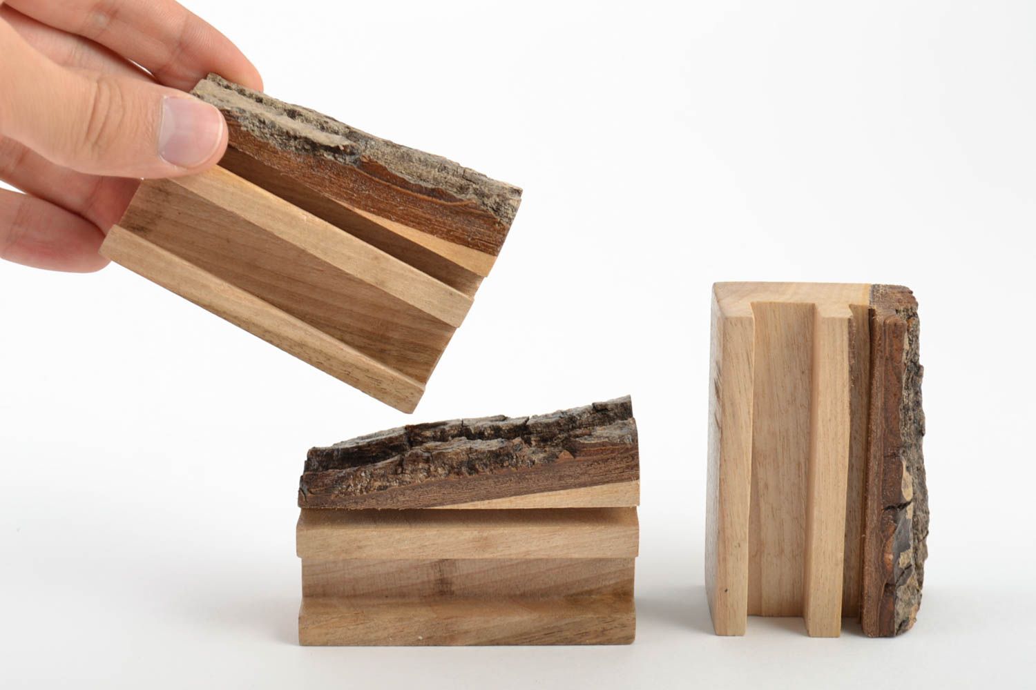 Supports pour téléphone portable en bois ensemble 3 pièces faits main originaux photo 4