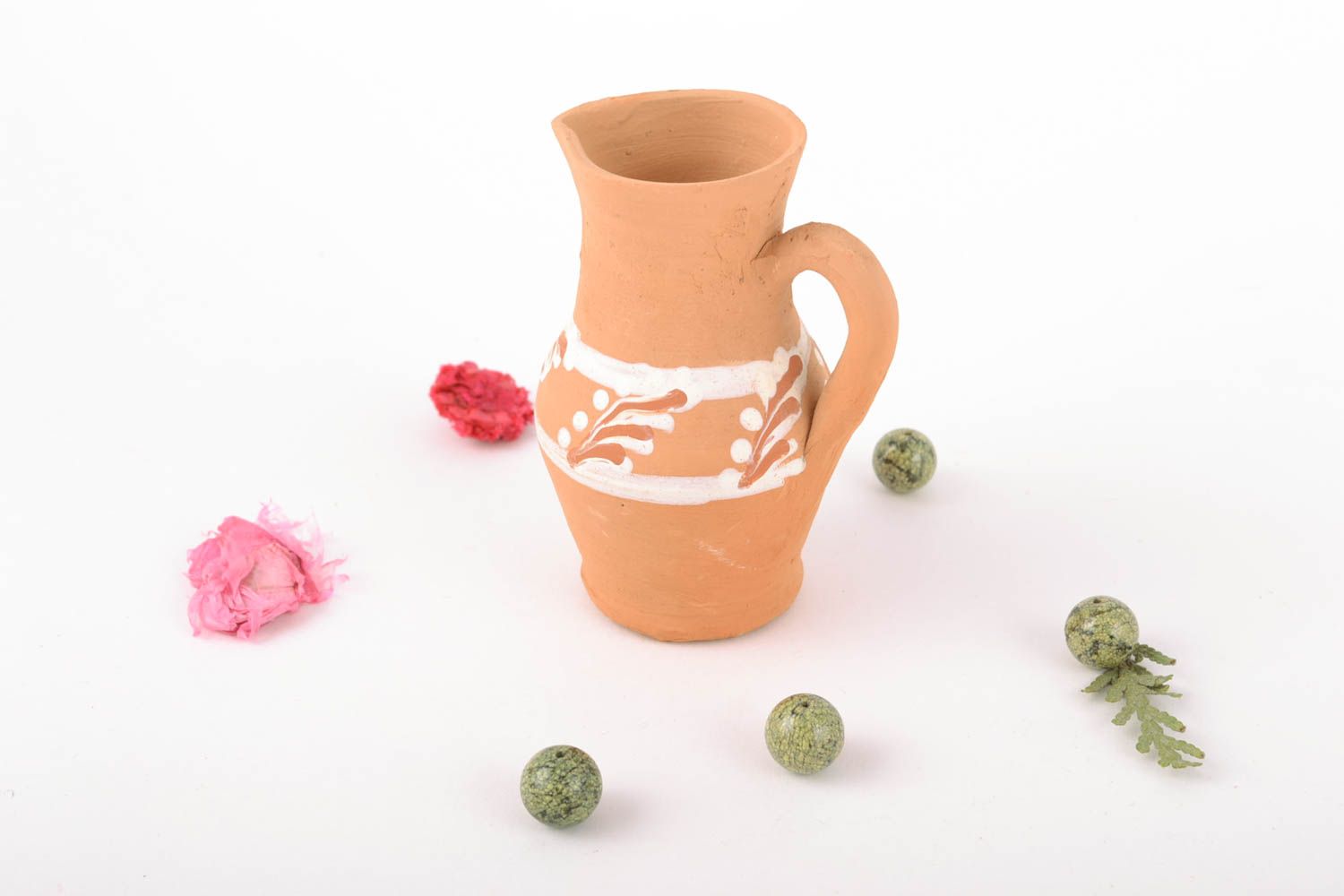 Mini handmade 3,6 inches ceramic clay saucer pitcher 0,17 lb photo 1