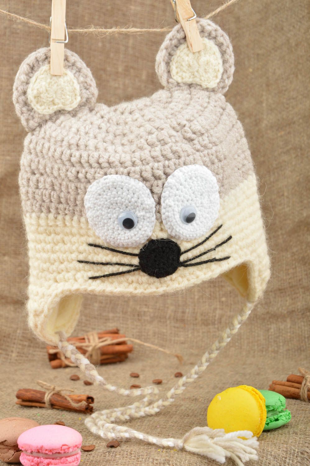 Bonnet tricoté souris en coton et laine fait main pour enfant rigolo joli photo 1