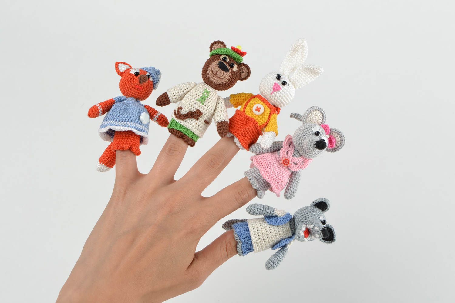 Handpuppen Set handmade Fingerpuppen Tiere Puppen für Puppentheater gehäkelt foto 2