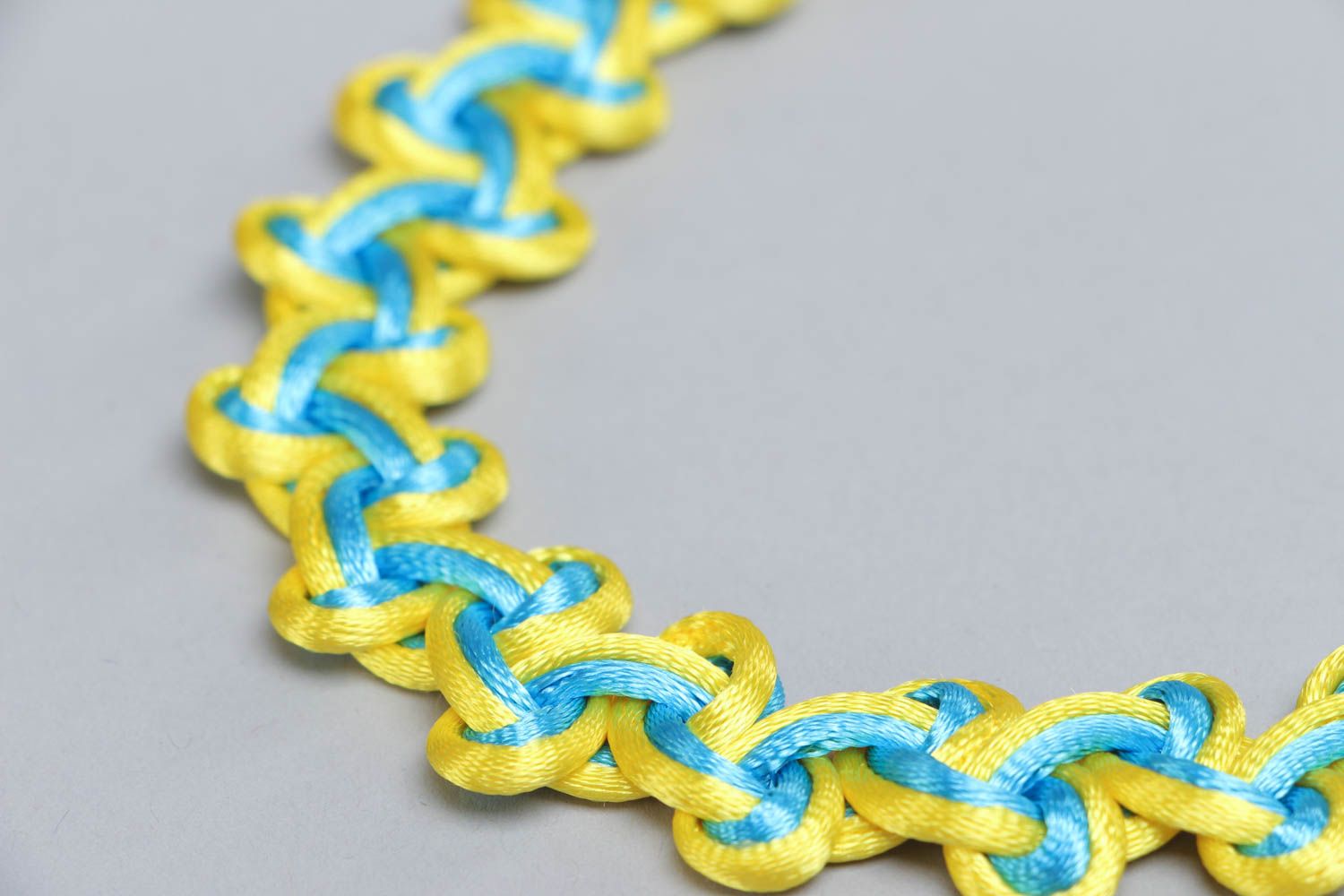 Handmade textile woven necklace made of textile cords yellow-blue summer jewelry photo 3