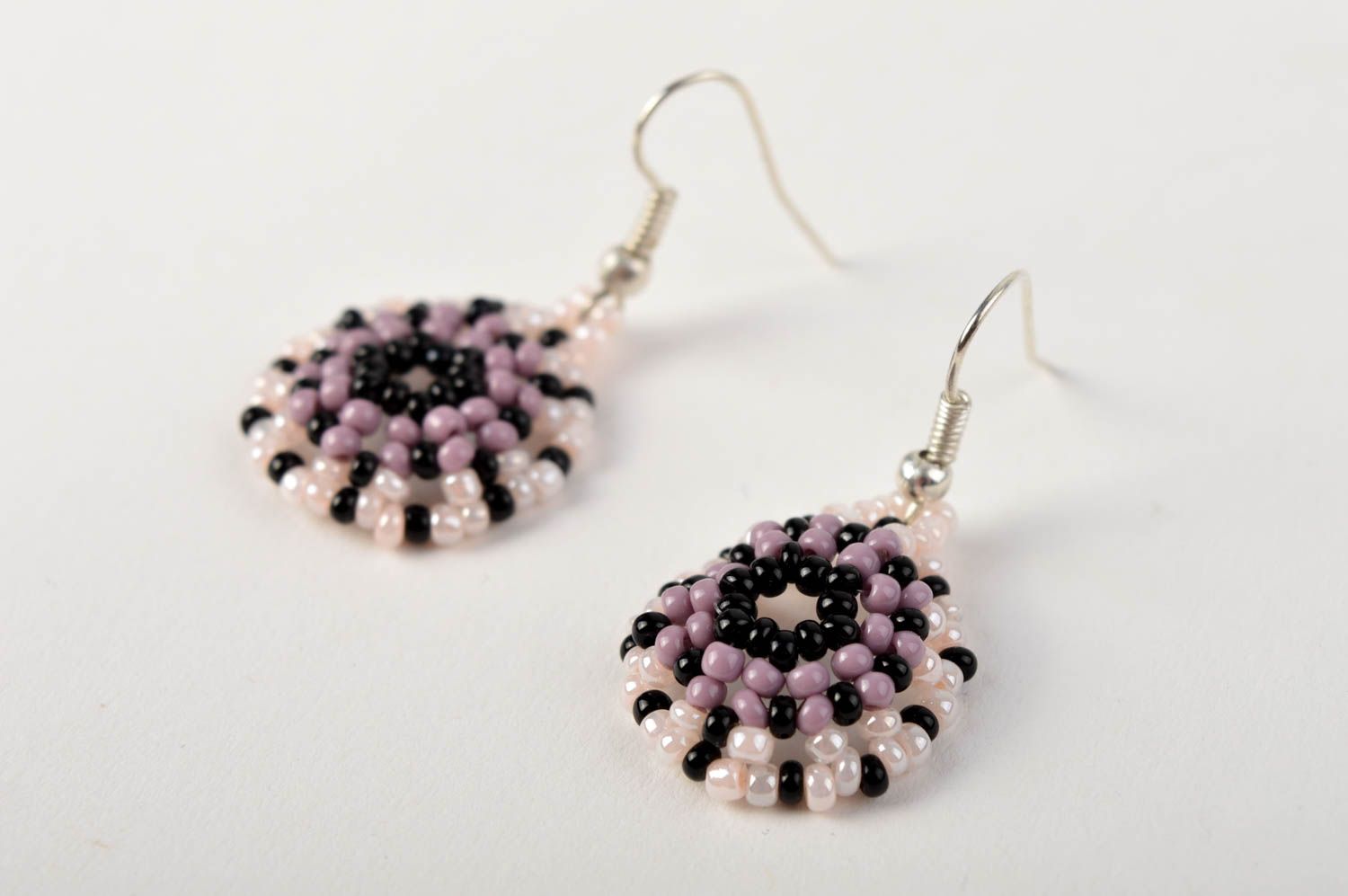 Handmade round earrings unusual beaded earrings lilac designer accessory photo 2