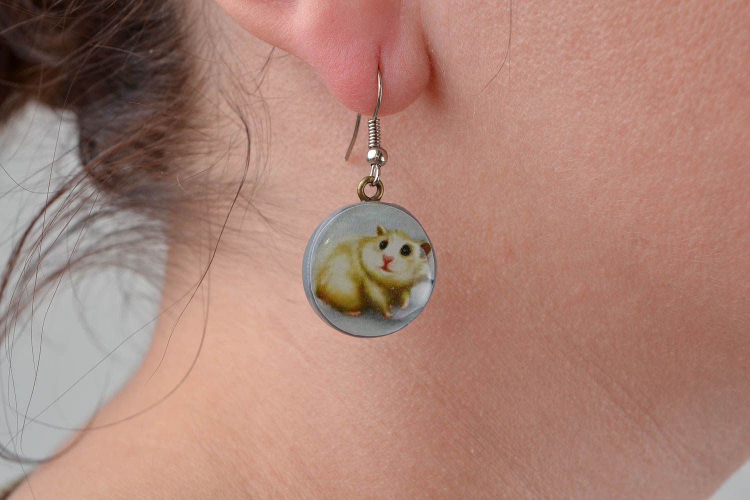 Beautiful homemade designer round plastic earrings with decoupage Hamsters photo 2