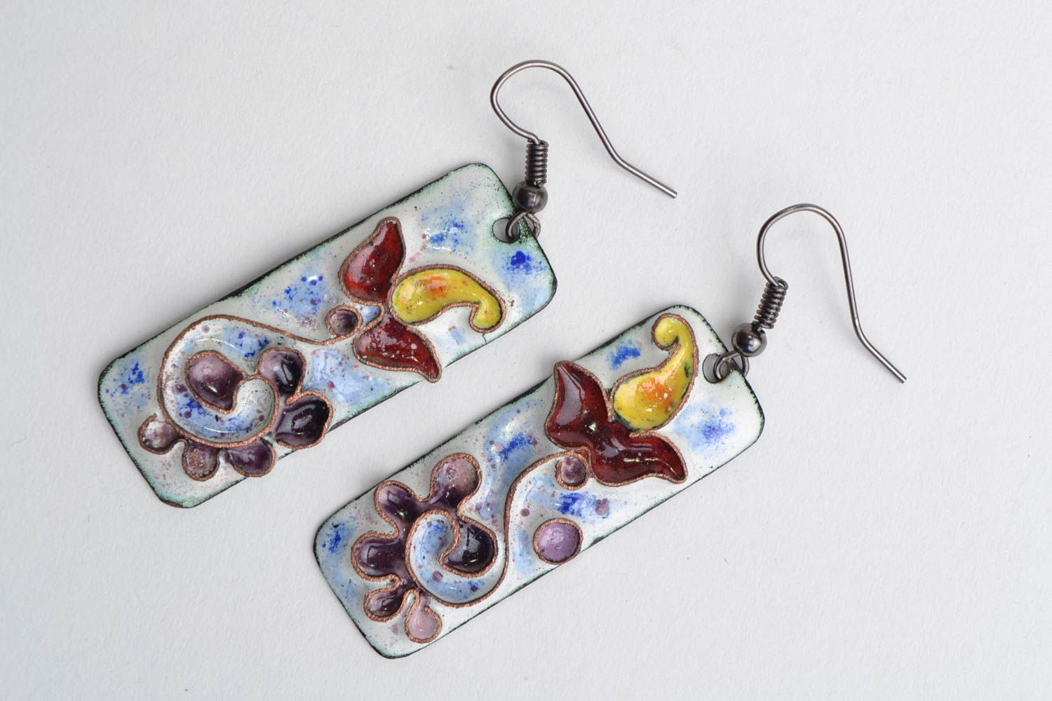 Handmade rectangular colorful enameled copper dangling earrings with flowers photo 1