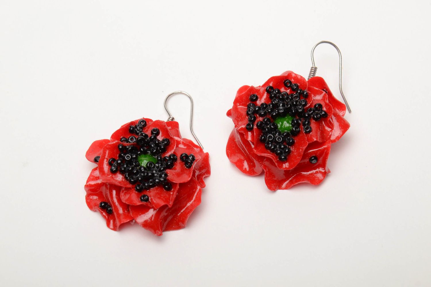 Polymer clay dangle earrings in the shape of poppies photo 2