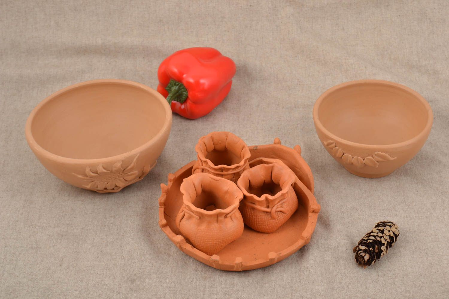 Ceramic set of handmade pottery pots 75 ml bowls 500 and 400 ml photo 1