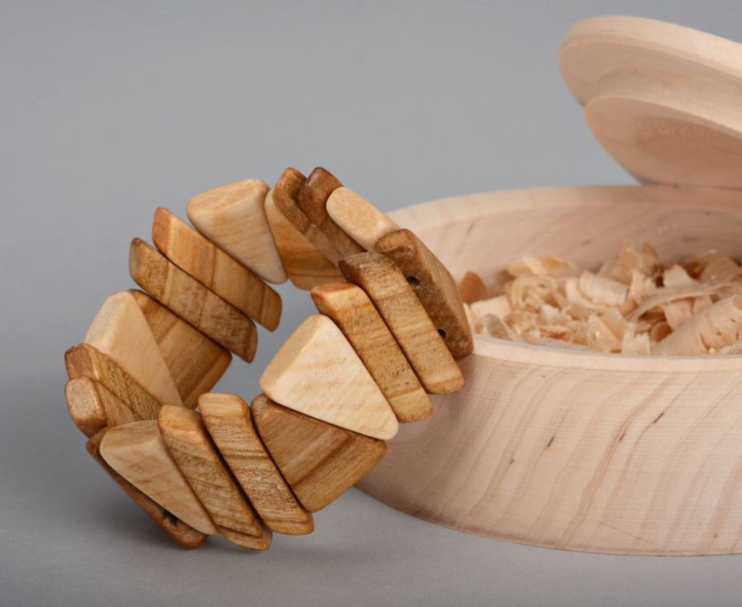 Beige bracelet made from walnut wood Asymmetry photo 1