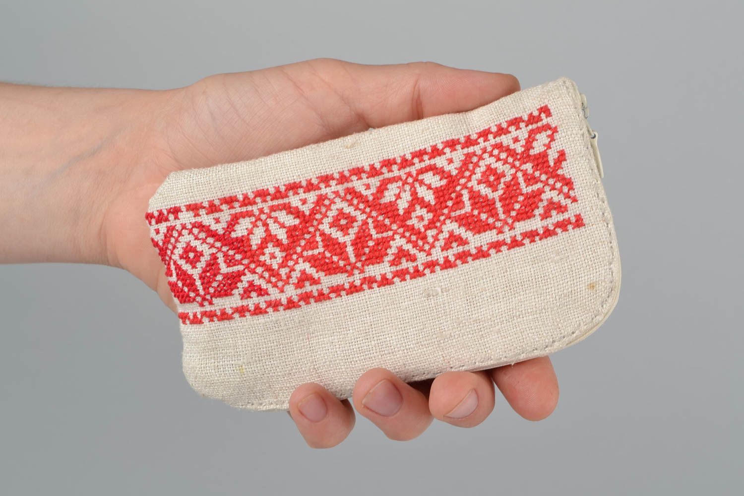 Handmade designer hemp fabric phone case with red cross stitch embroidery photo 2