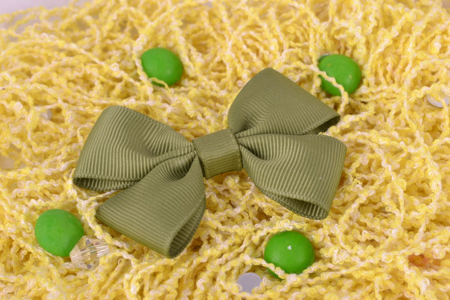 Small handmade rep ribbon bow of green color for creation of accessories photo 1