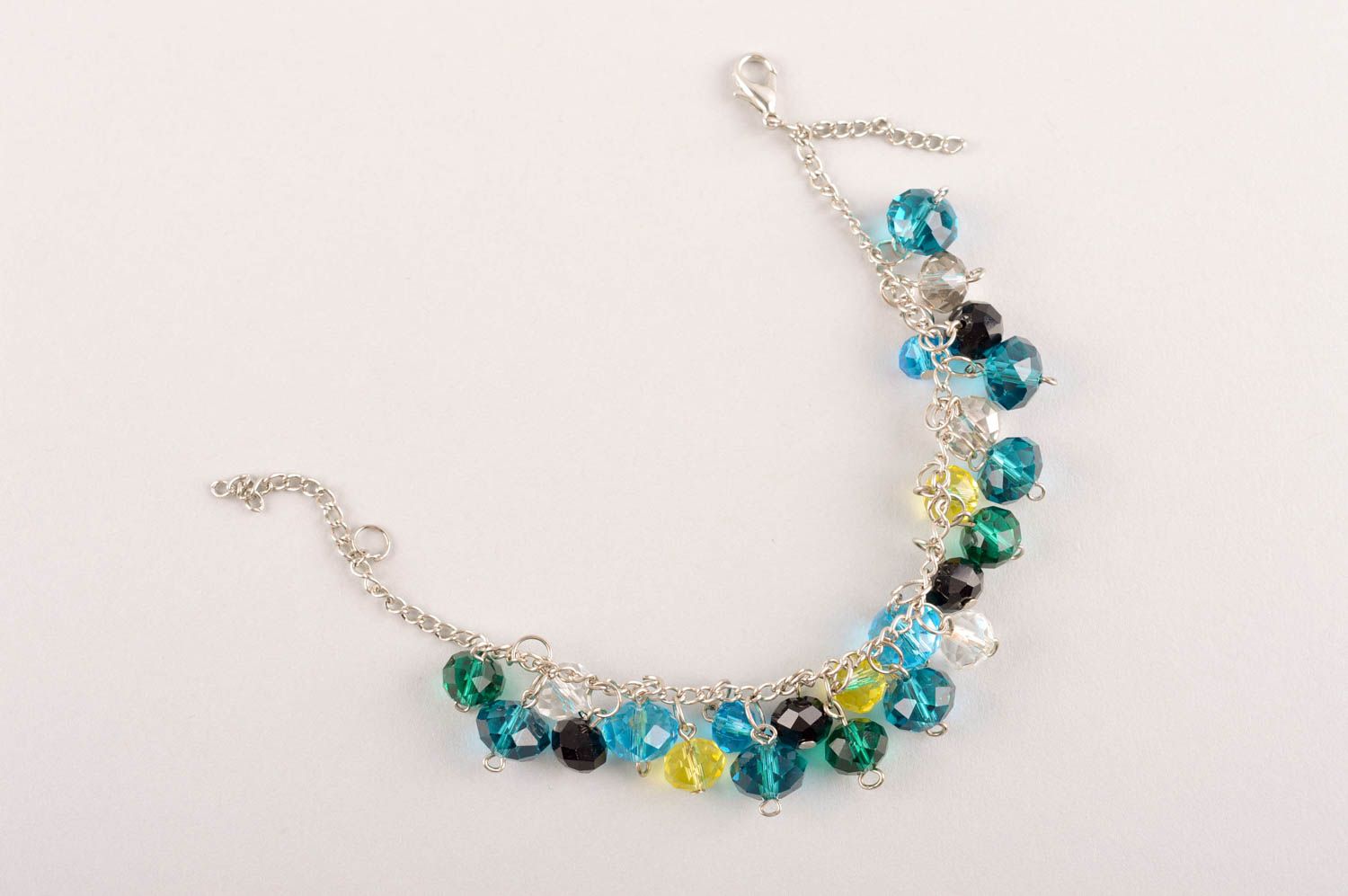Handmade chain beaded bracelet made of transparent yellow, green, blue beads for young girls photo 5