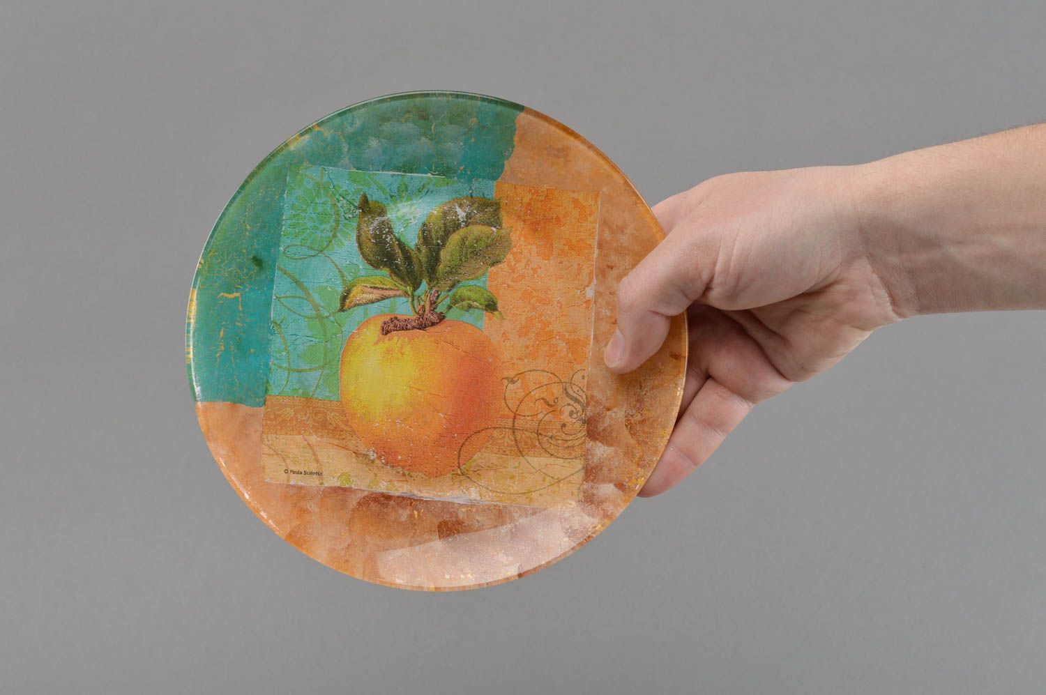 Handmade decorative designer round decoupage glass plate colorful still life photo 4