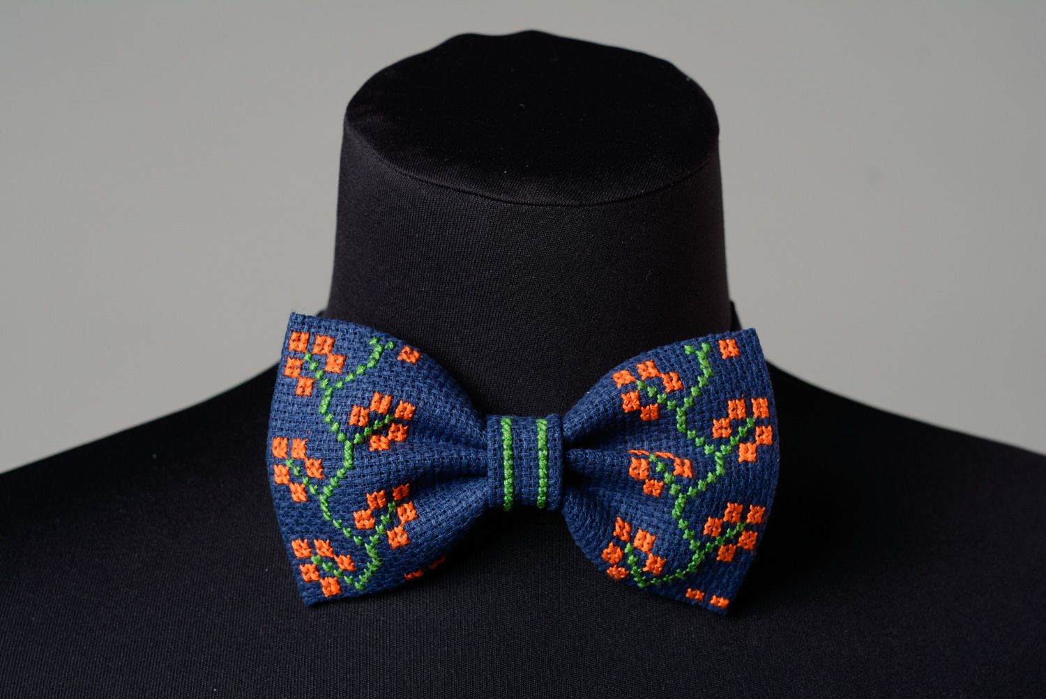 Handmade ethnic blue bow tie with cross stitch embroidery for stylish men  photo 1