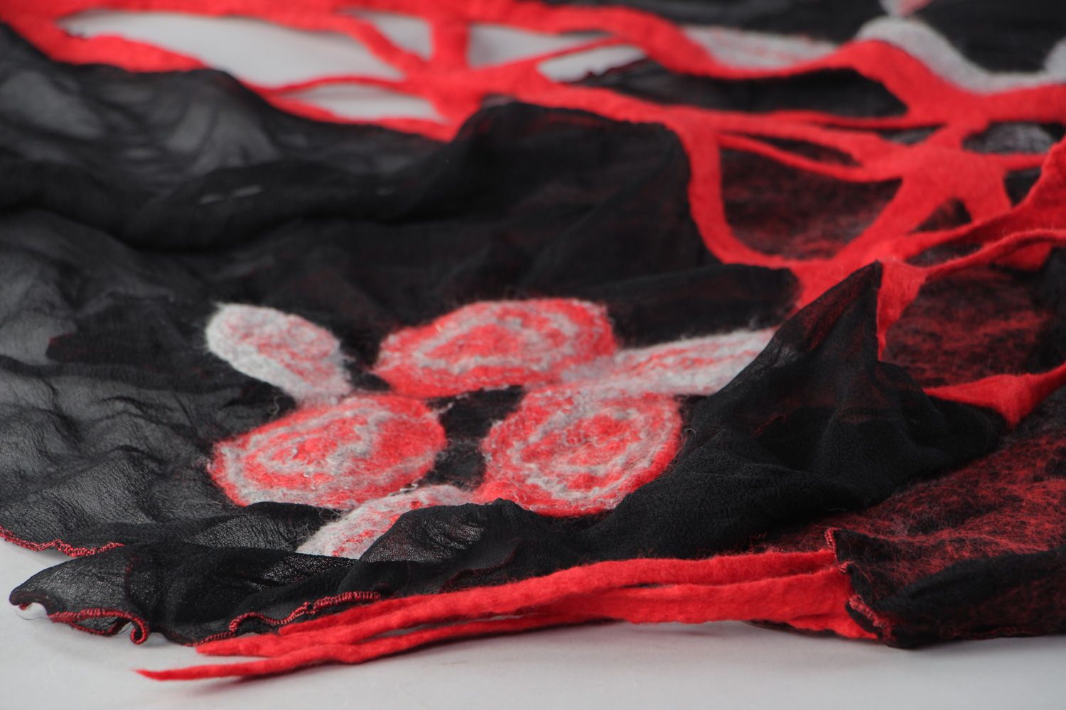 Handmade black silk and chiffon scarf with wool felted flowers photo 2