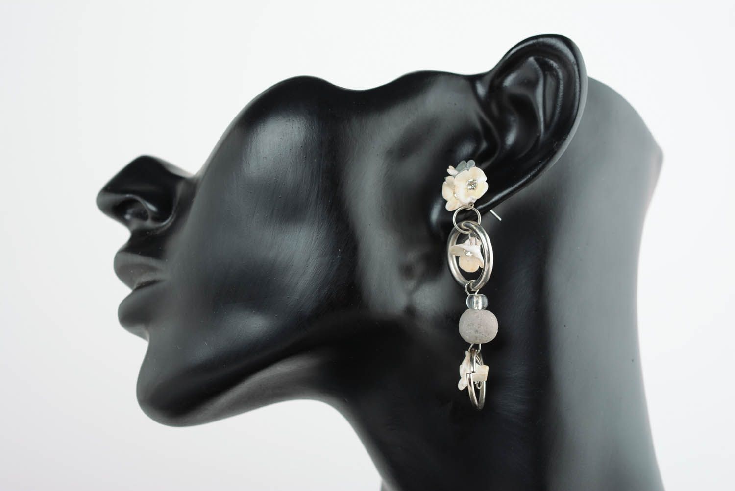 Elegant polymer clay cuff earrings Gray Clouds photo 1