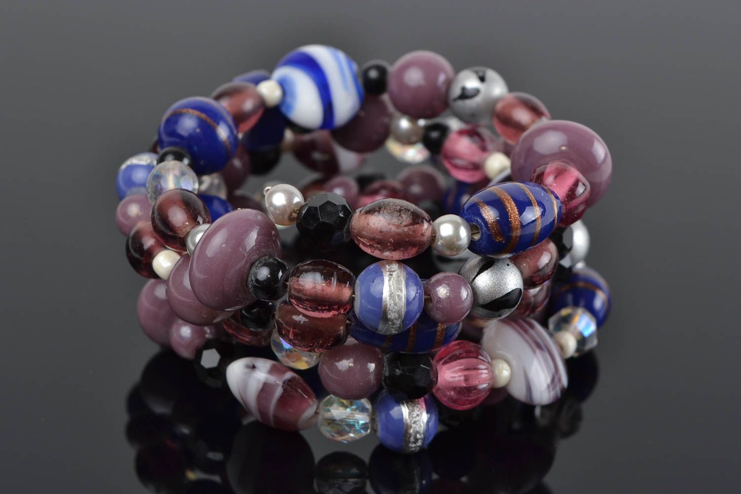 Handmade multi row wrist bracelet with glass beads in blue and violet colors photo 1