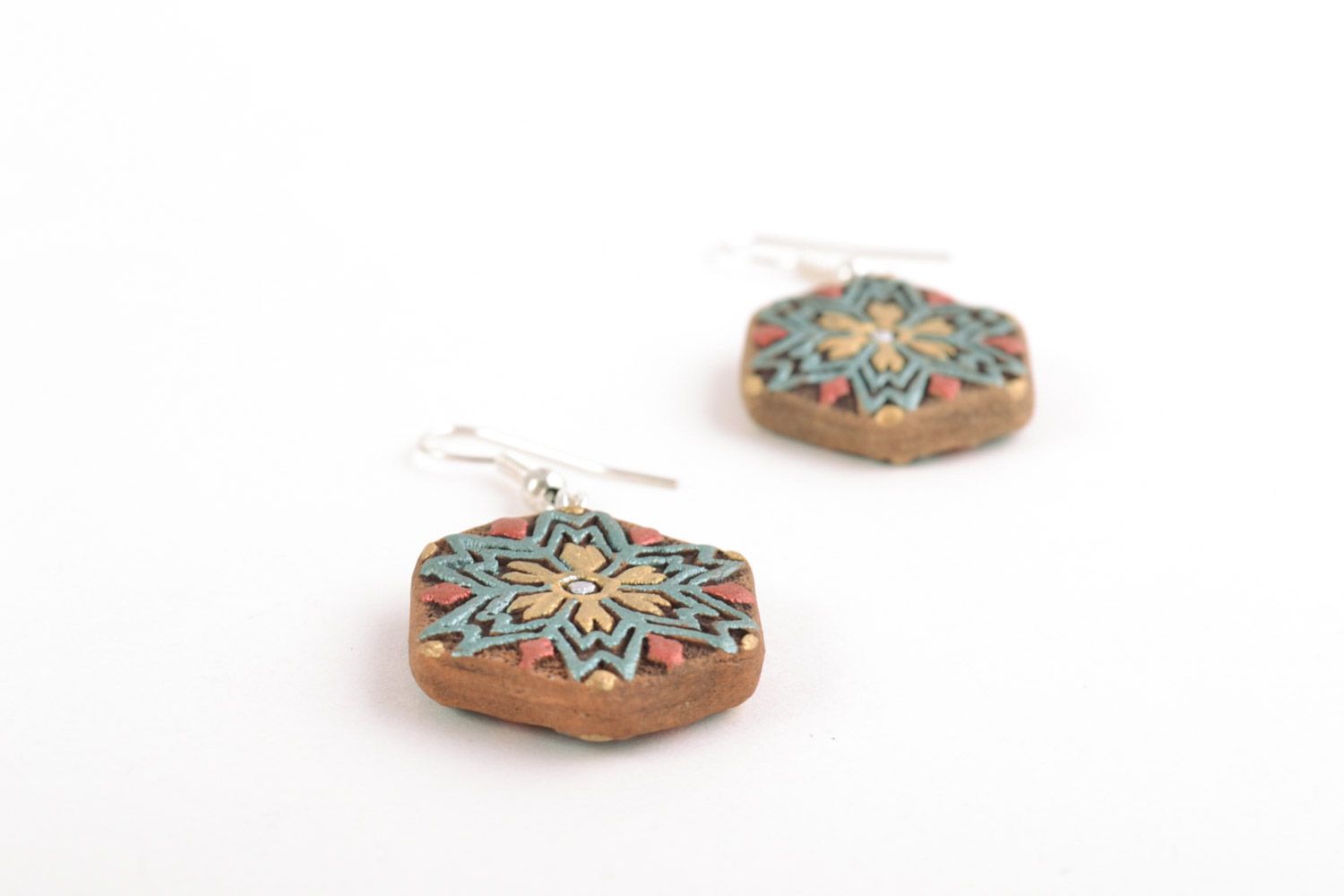 Handmade ceramic dangling earrings ornaments with acrylic paints in ethnic style photo 3