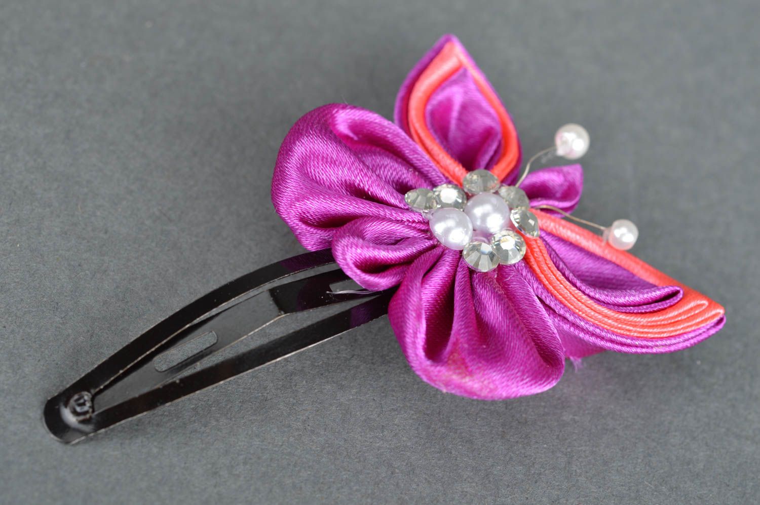 Handmade designer satin ribbon kanzashi hair clip bright pink butterfly photo 5