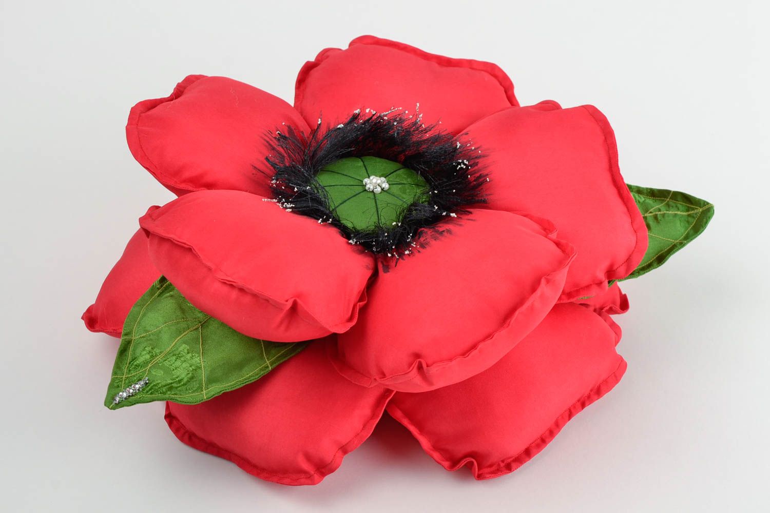 Coussin fleur de pavot rouge fait main Déco maison en tissus Cadeau original photo 1