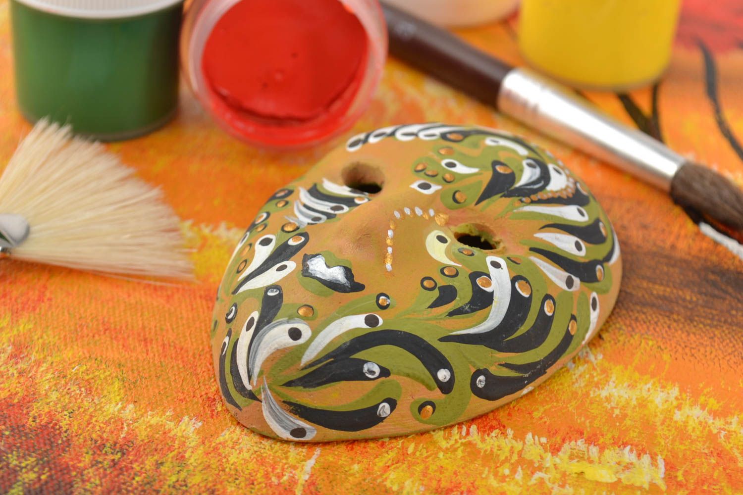 Handmade unusual colorful fridge magnet in shape of carnival mask photo 1