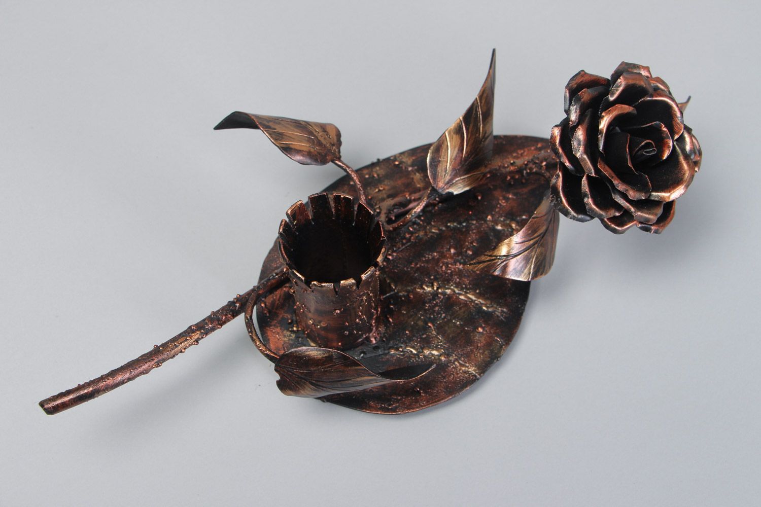 Flor artesanal de hierro original con soporte de color marrón foto 4