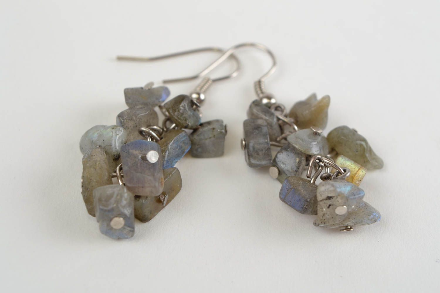 Cute handmade beautiful dark grey earrings with charms made of natural stone  photo 4