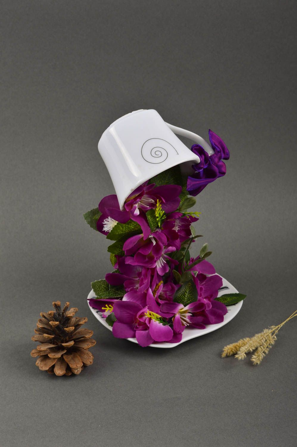 Topiario artificial taza con flores lilas elemento decorativo regalo original foto 1