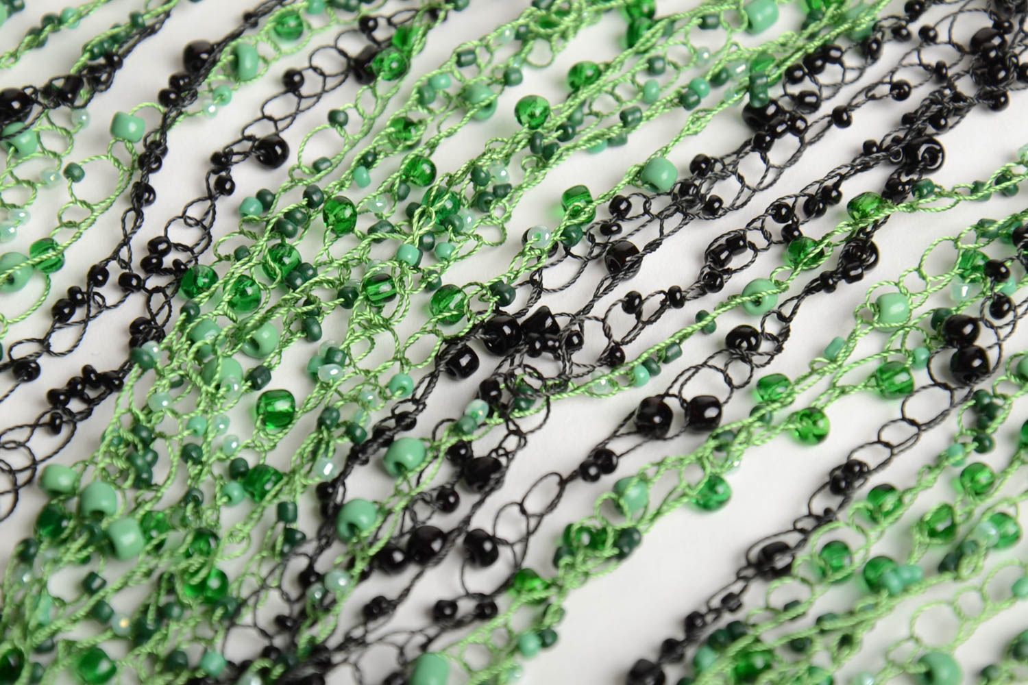 Handmade tender green and black airy multi row necklace crocheted of Czech beads photo 5