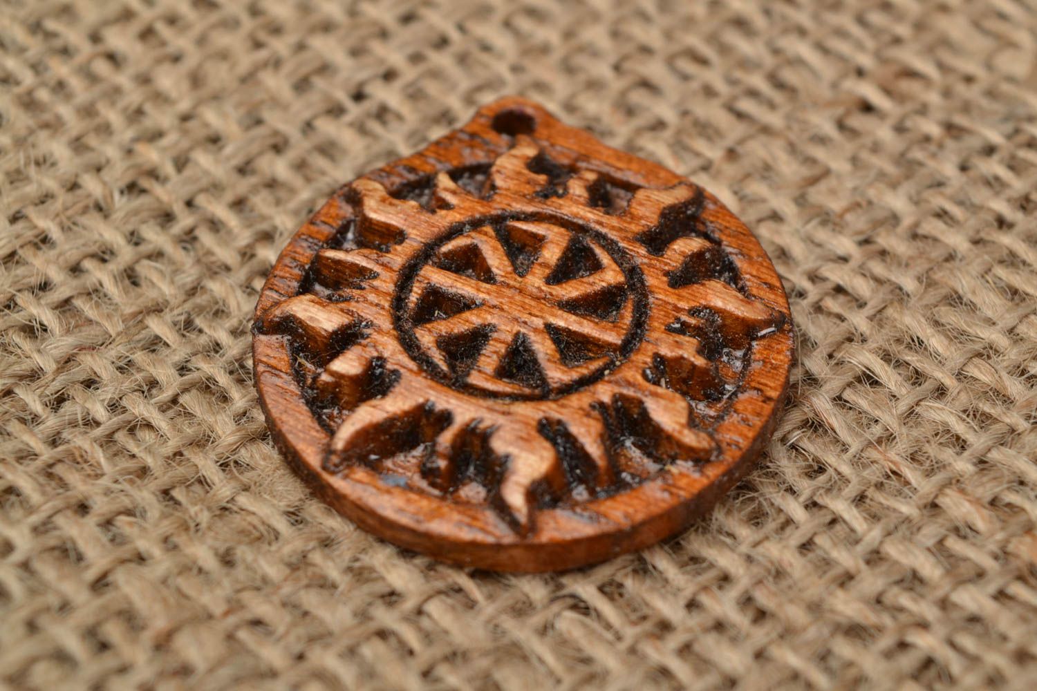 Small handmade next to skin painted ash wood Slavic amulet pendant Kolovrat photo 1