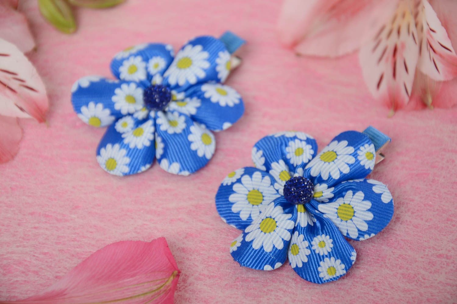 Children's handmade designer blue rep ribbon flower hair clips set 2 pieces photo 1