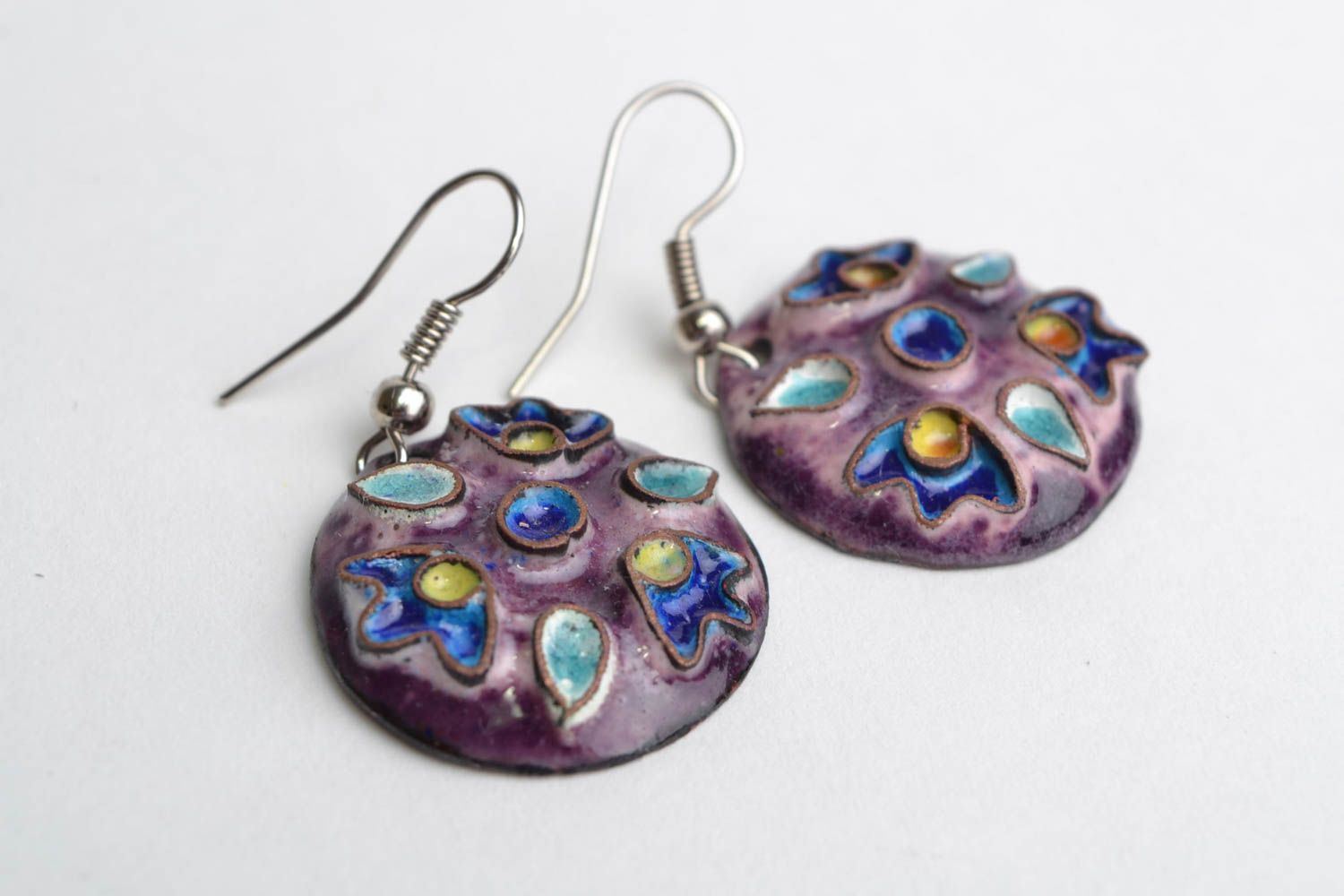 Handmade designer enameled copper round dangling earrings violet palette photo 3