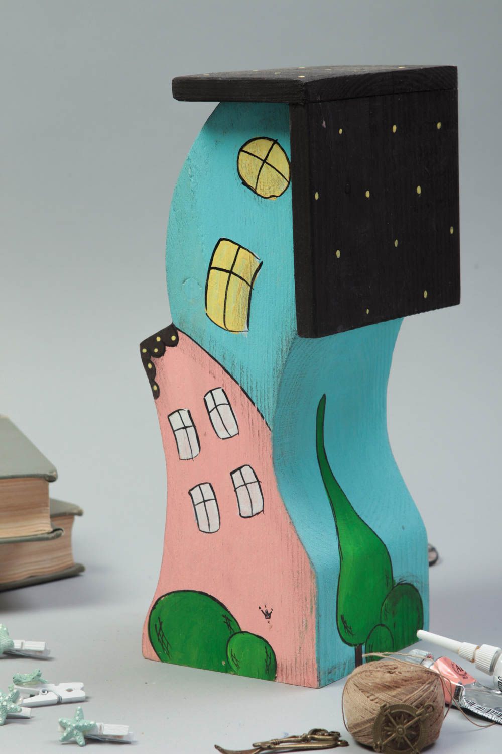 Statuette en bois fait main Figurine décorative Déco maison rose bleu ciel photo 1