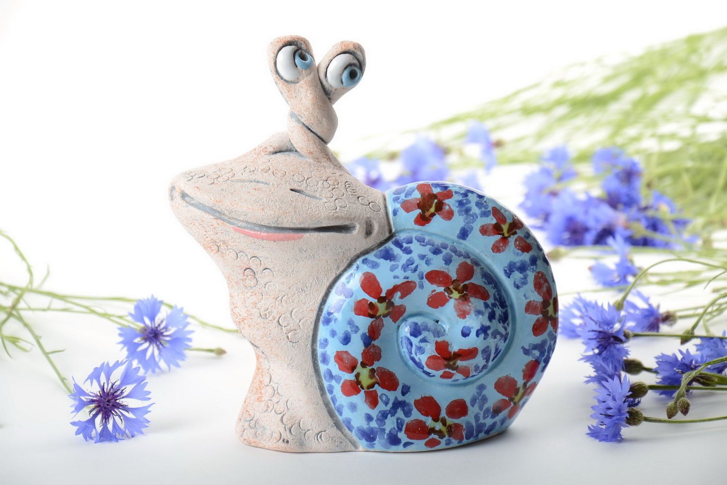 Handmade designer semi porcelain painted figurine money box floral blue snail photo 1