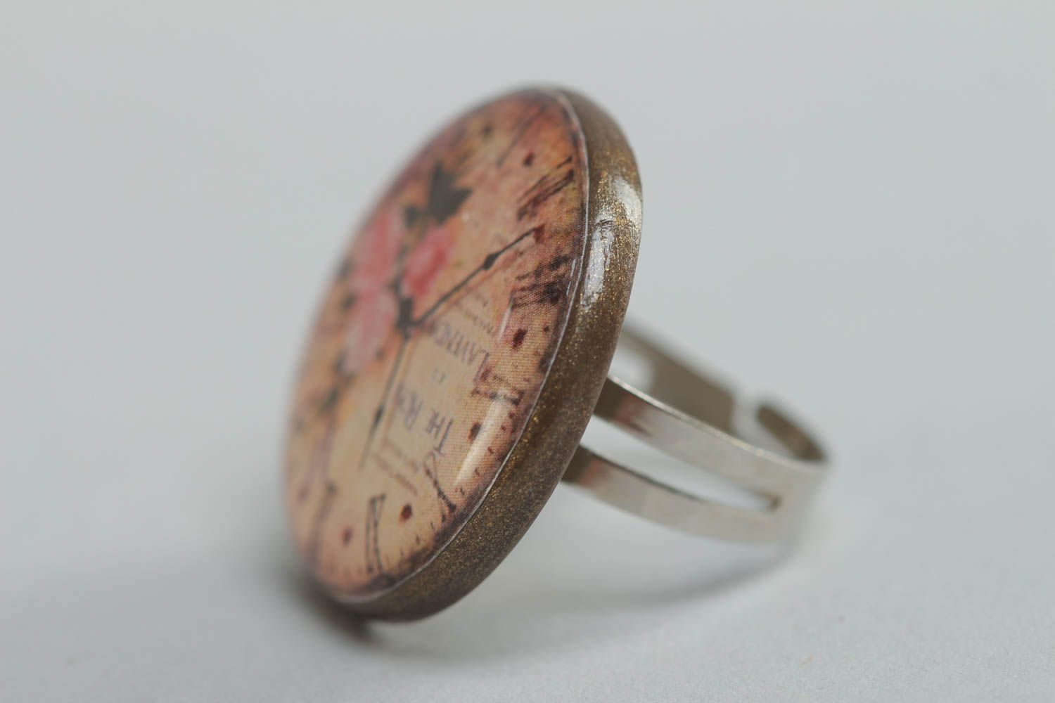 Handmade designer round metal and glass glaze jewelry ring with clock image photo 2