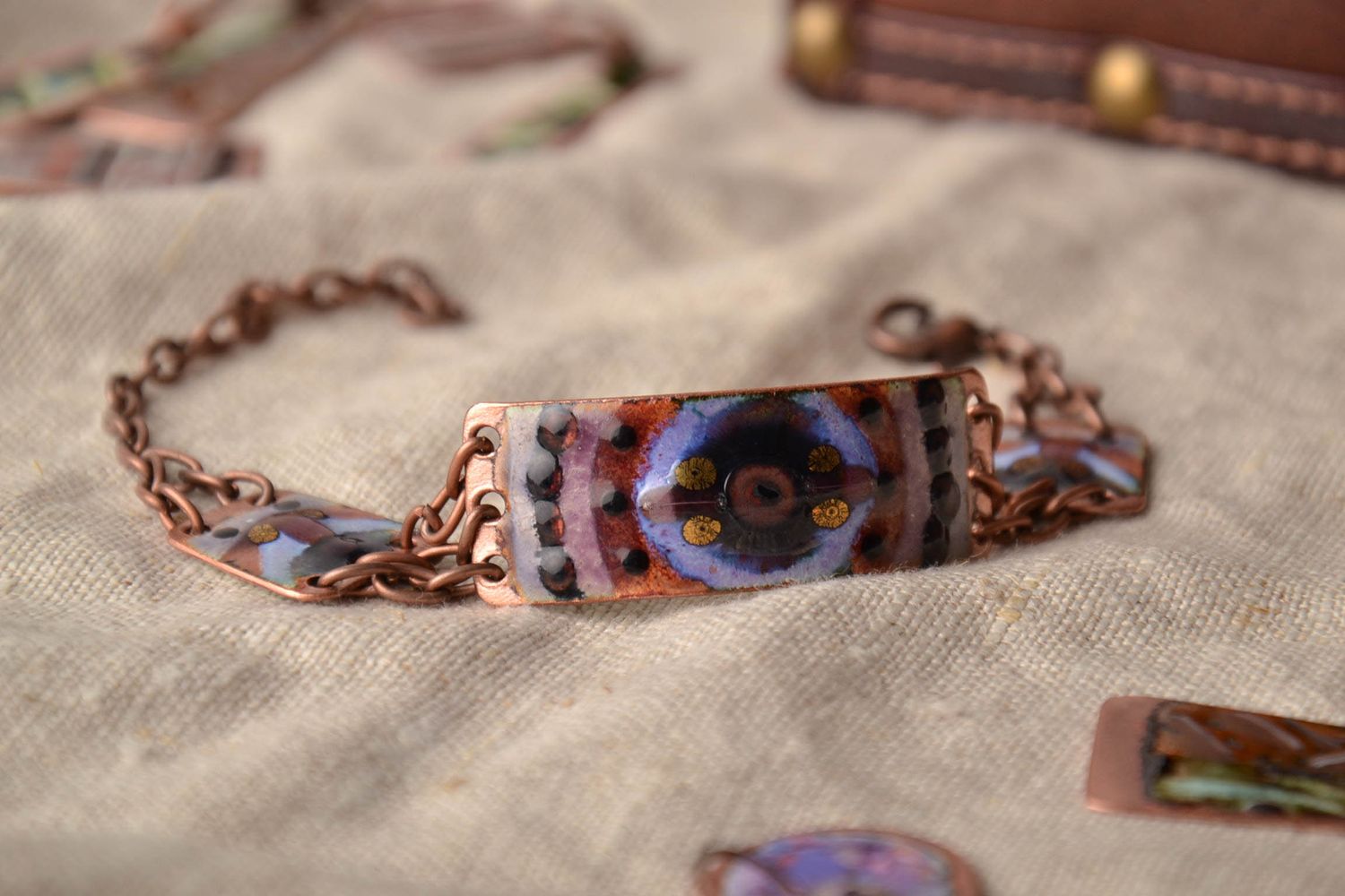 Copper bracelet decorated with enamel painting photo 1
