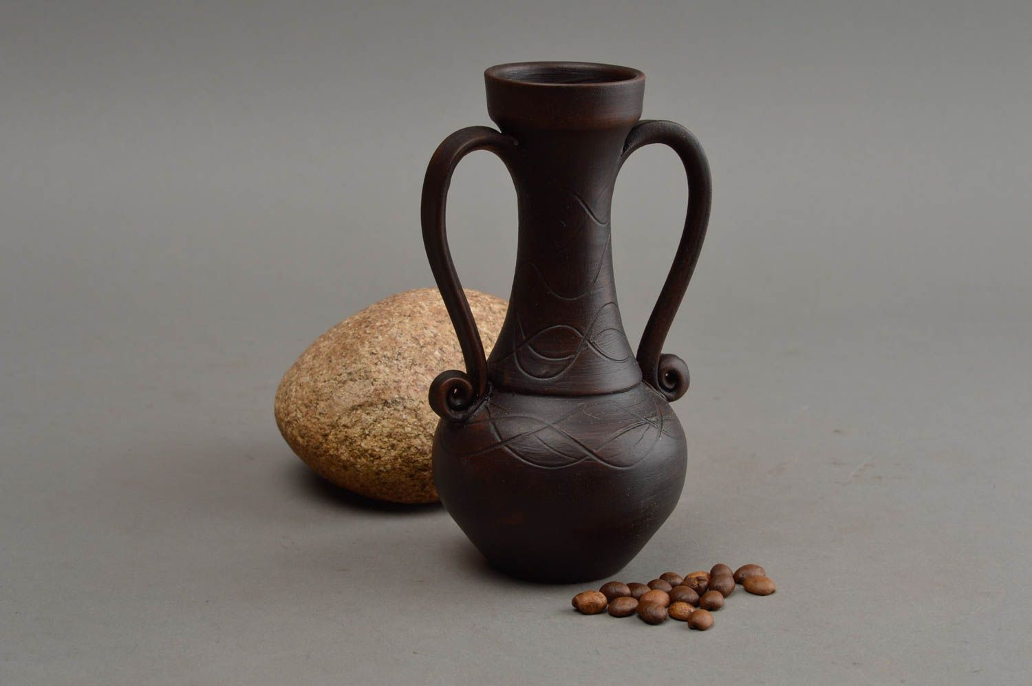 Brown handmade ceramic vase jug with two handles 0,5 lb photo 1