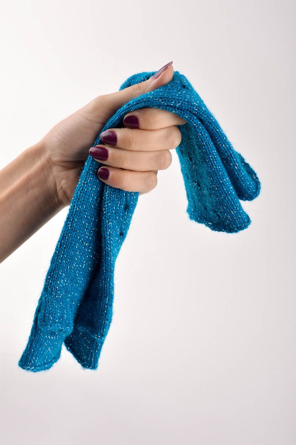 Вязаные митенки хэнд мэйд вязаный аксессуар голубой вязаные перчатки без пальцев фото 4